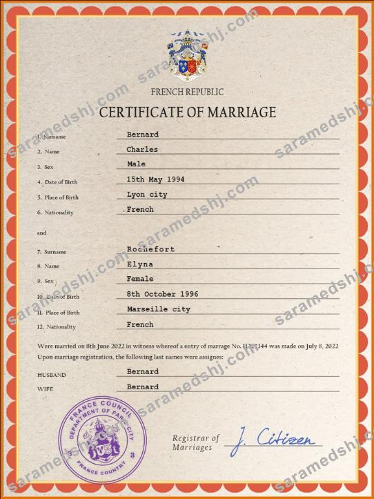 France marriage certificate PSD template